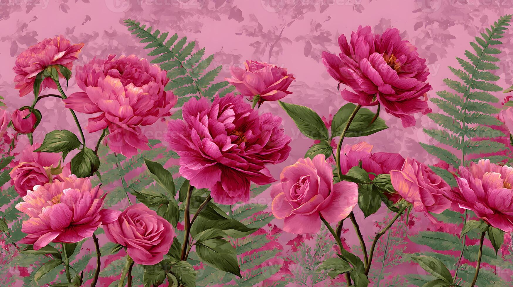 Rich pink peonies and roses nestled with vibrant green ferns against a soft pastel pink backdrop. photo