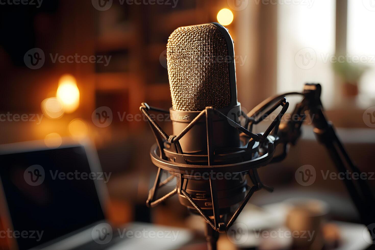 Professional microphone mounted on a sturdy stand for high-quality recording and podcasting sessions. photo