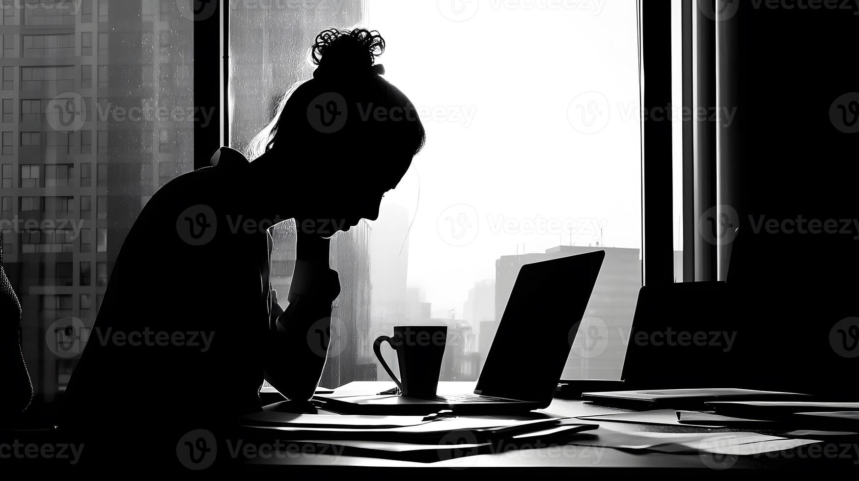 Late-night silhouette of a woman at her desk, displaying stress from her overwhelming workload and responsibilities. photo