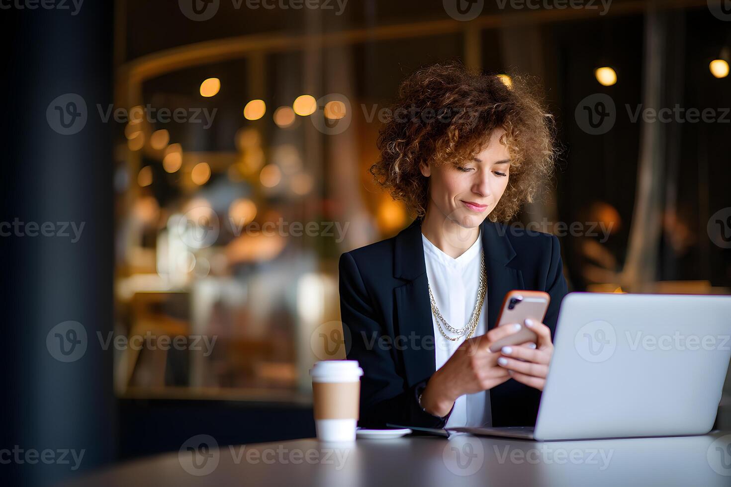 Young woman dressed in a black blazer, happily using her smartphone while sitting at a table in a cafe. photo