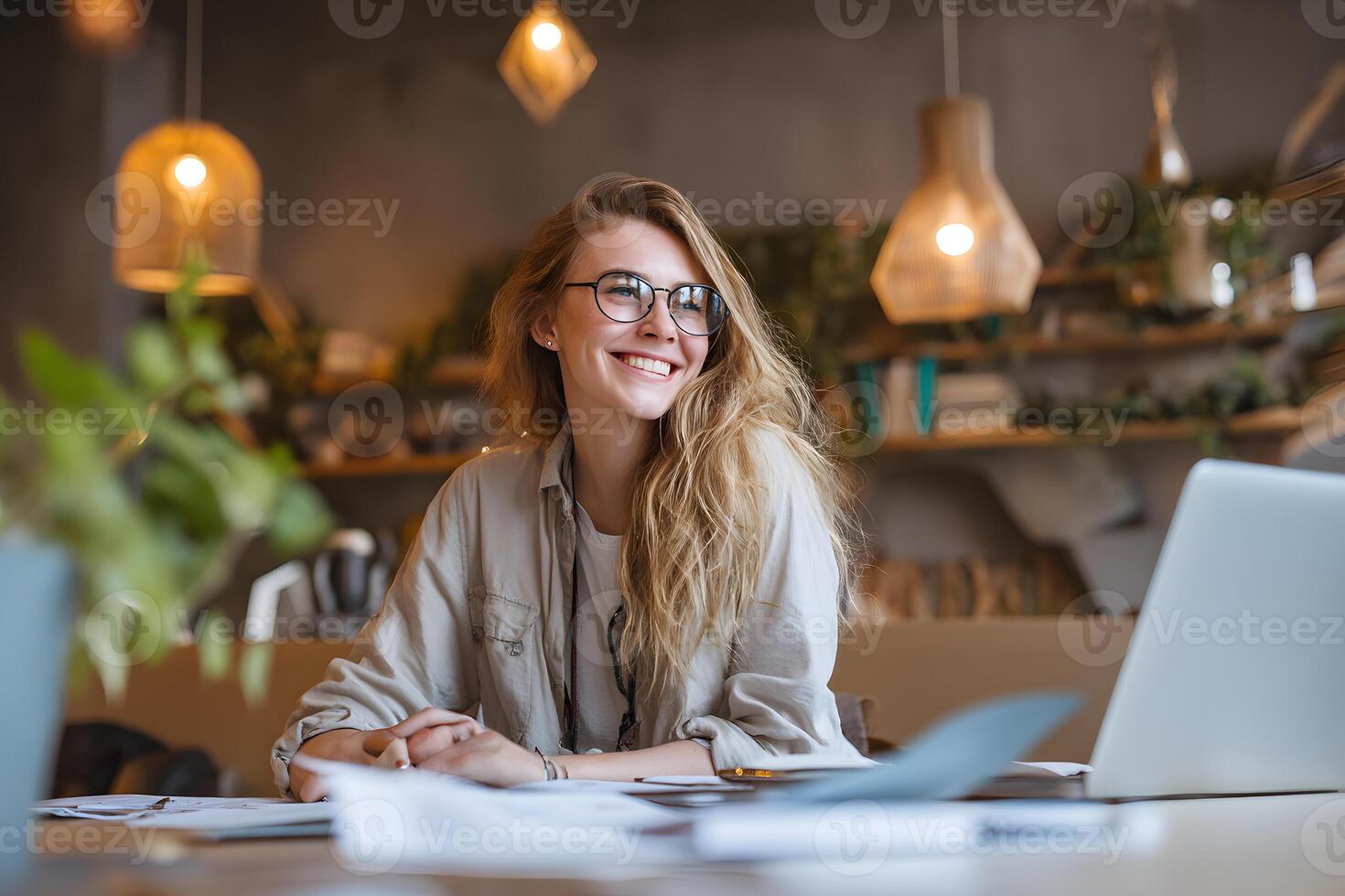 Young woman with chic glasses smiling at her table in a cozy cafe while immersed in her work. photo