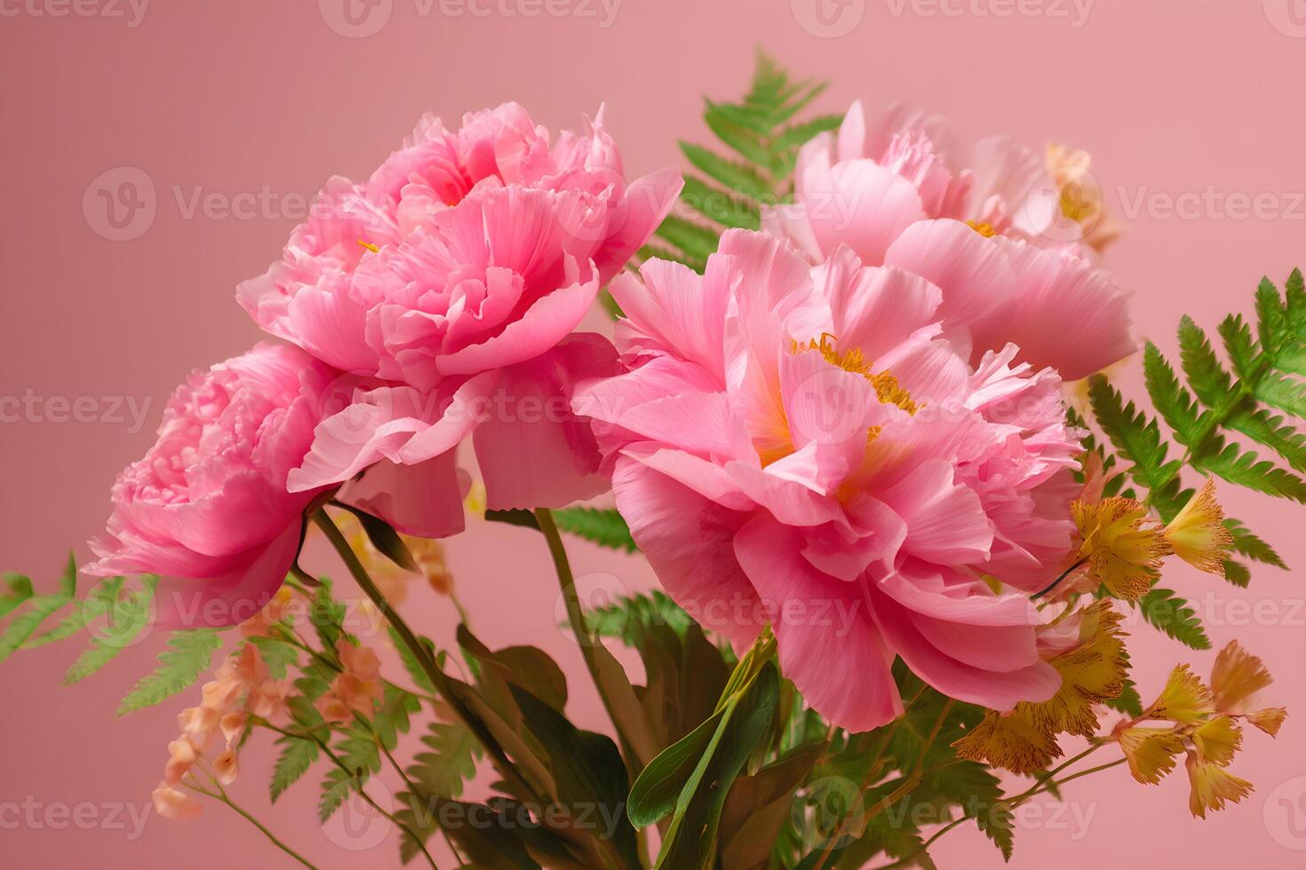Lively pink peonies and roses complemented by green ferns on a gentle pastel pink canvas. photo