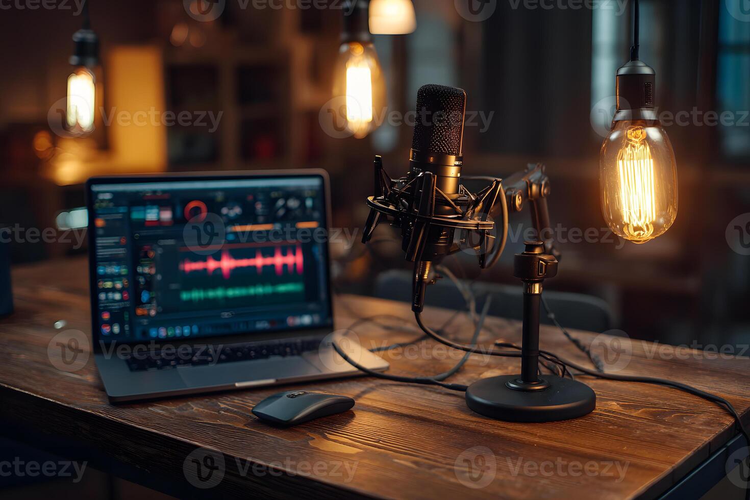 Modern podcasting microphone setup with adjustable arm for superior audio recording. photo