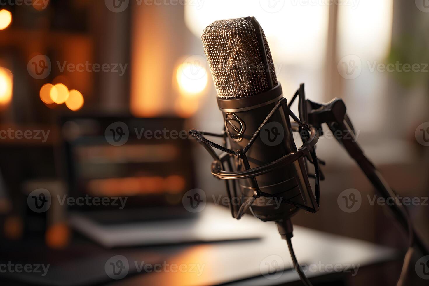 Professional recording microphone mounted on a durable stand, perfect for podcasts and audio production. photo