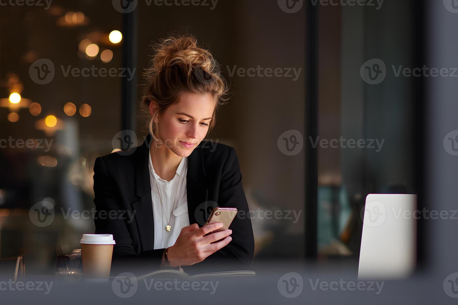 Cheerful young woman in a black blazer interacts with her smartphone while seated at a table, radiating happiness. photo