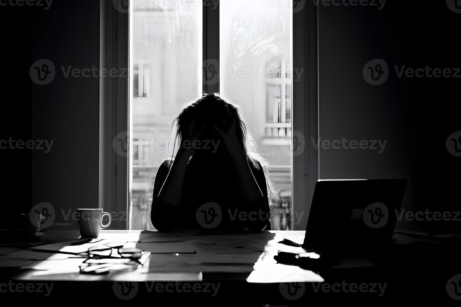 Stressed woman at a desk, hands clasped over her forehead in frustration during a challenging workday. photo