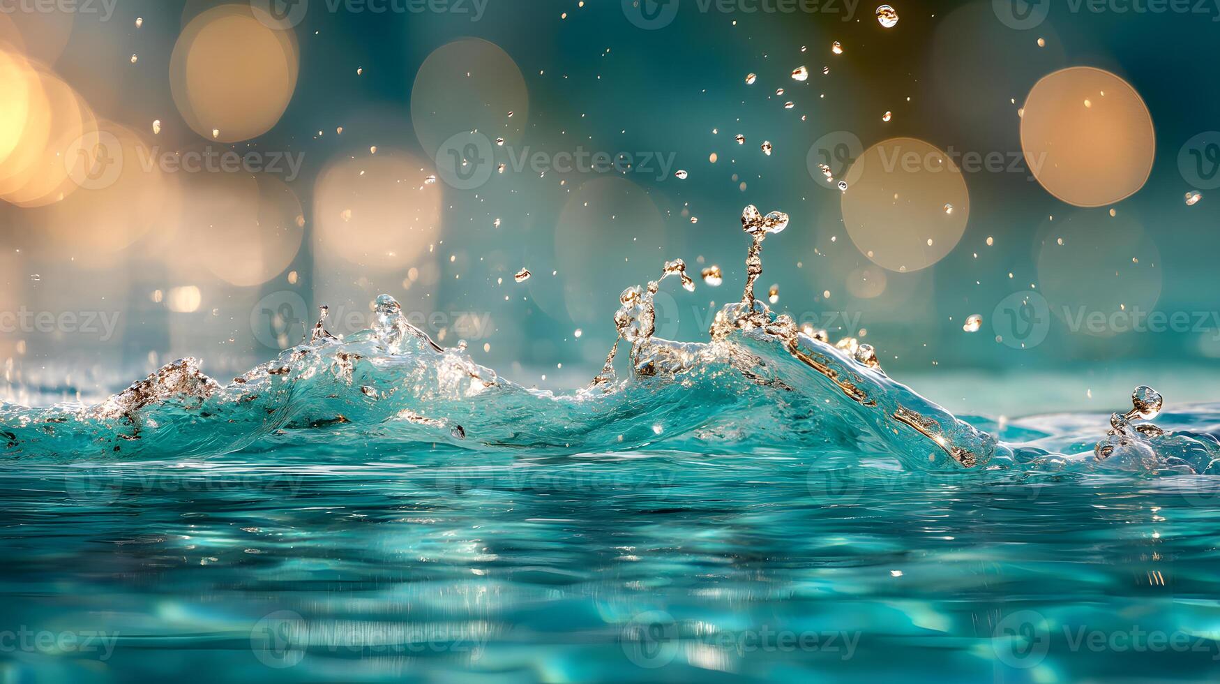 Dancing water droplets create sparkling splashes on the gleaming surface. photo