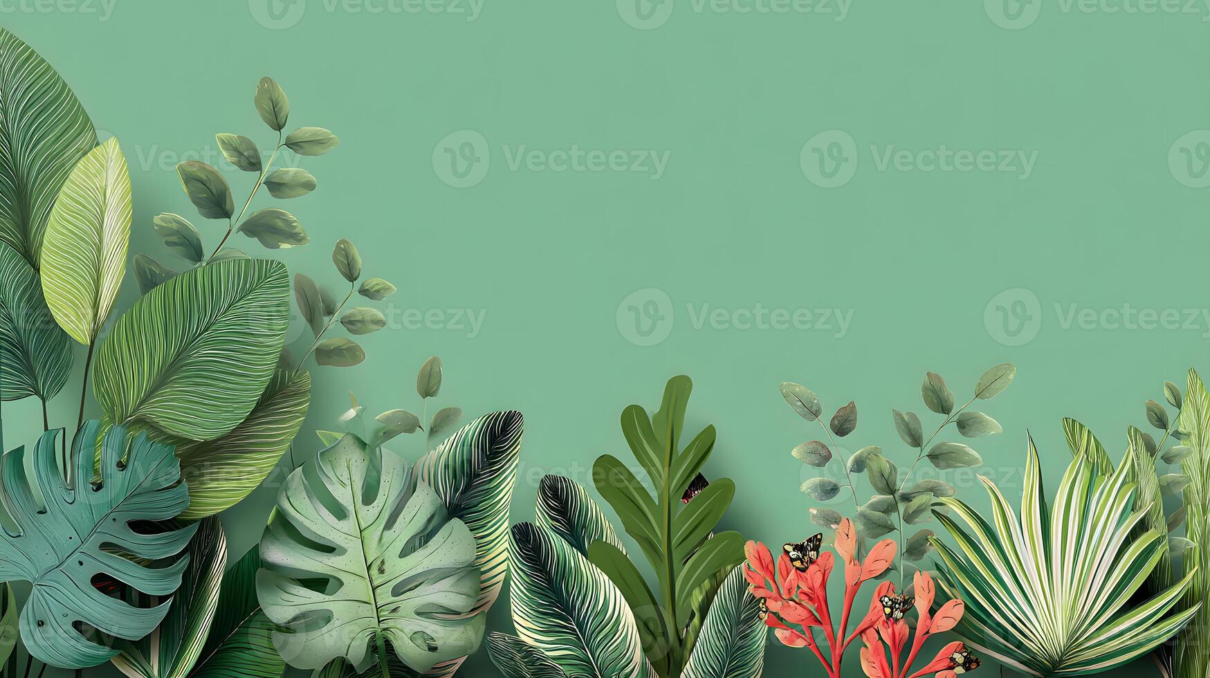 Lush tropical leaves create a vibrant border against a smooth green backdrop. photo
