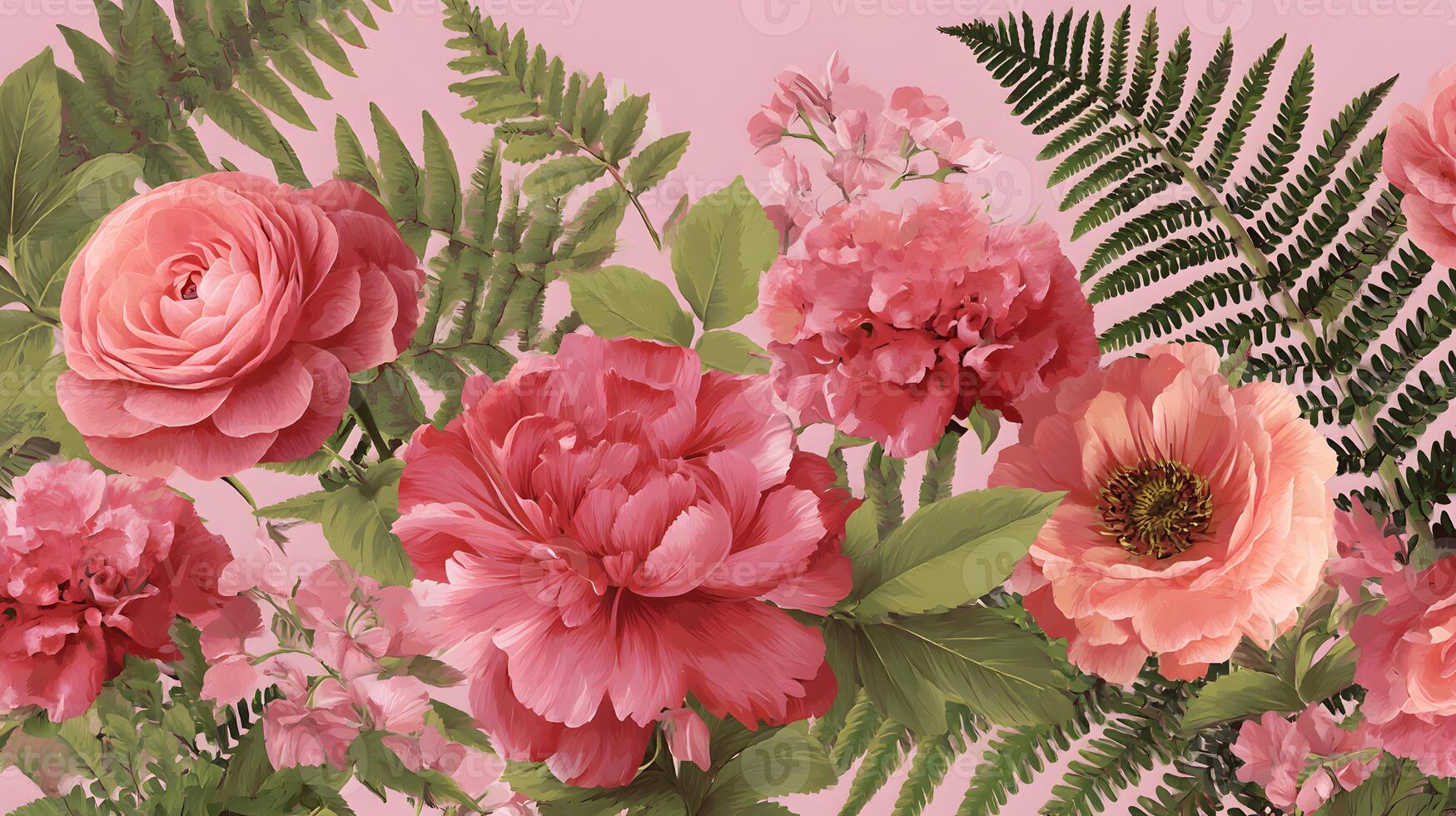 Bright pink blooms of peonies and roses mixed with lush green ferns on a gentle pastel pink canvas. photo