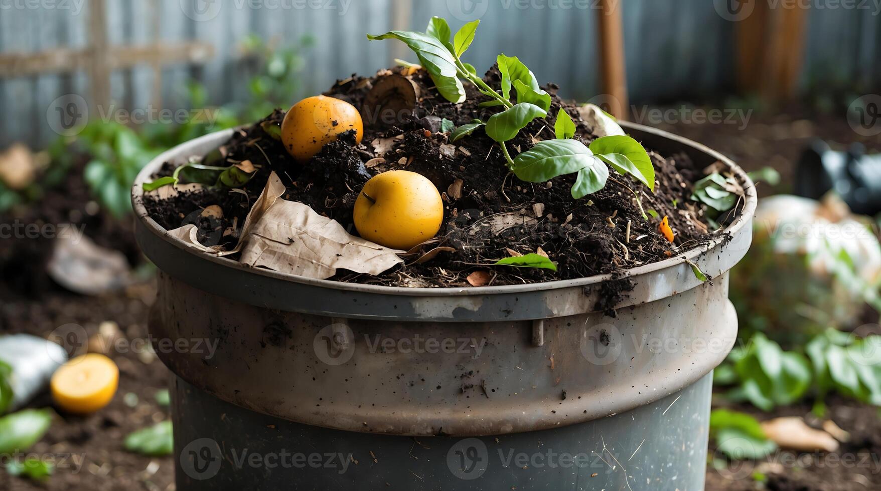 Composting bin filled with organic materials to support climate change efforts photo