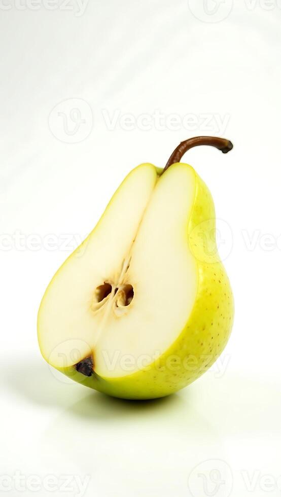 Closeup of a sliced pear revealing its juicy interior and unique texture details photo