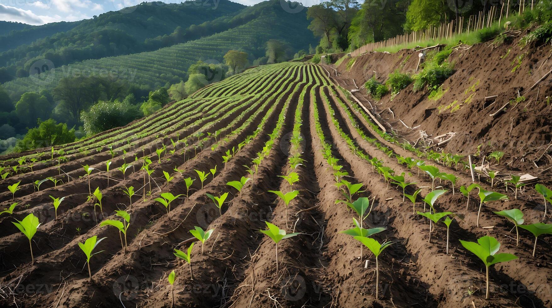 Rows of saplings in a reforestation area to combat climate change photo