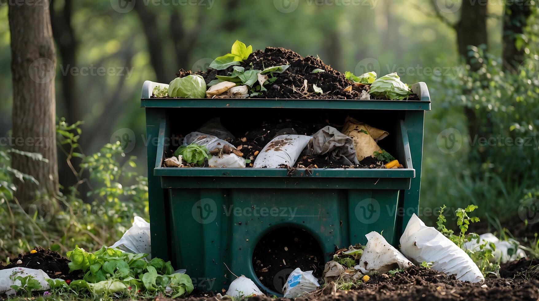 Composting bin filled with organic materials in a forest setting for climate action photo