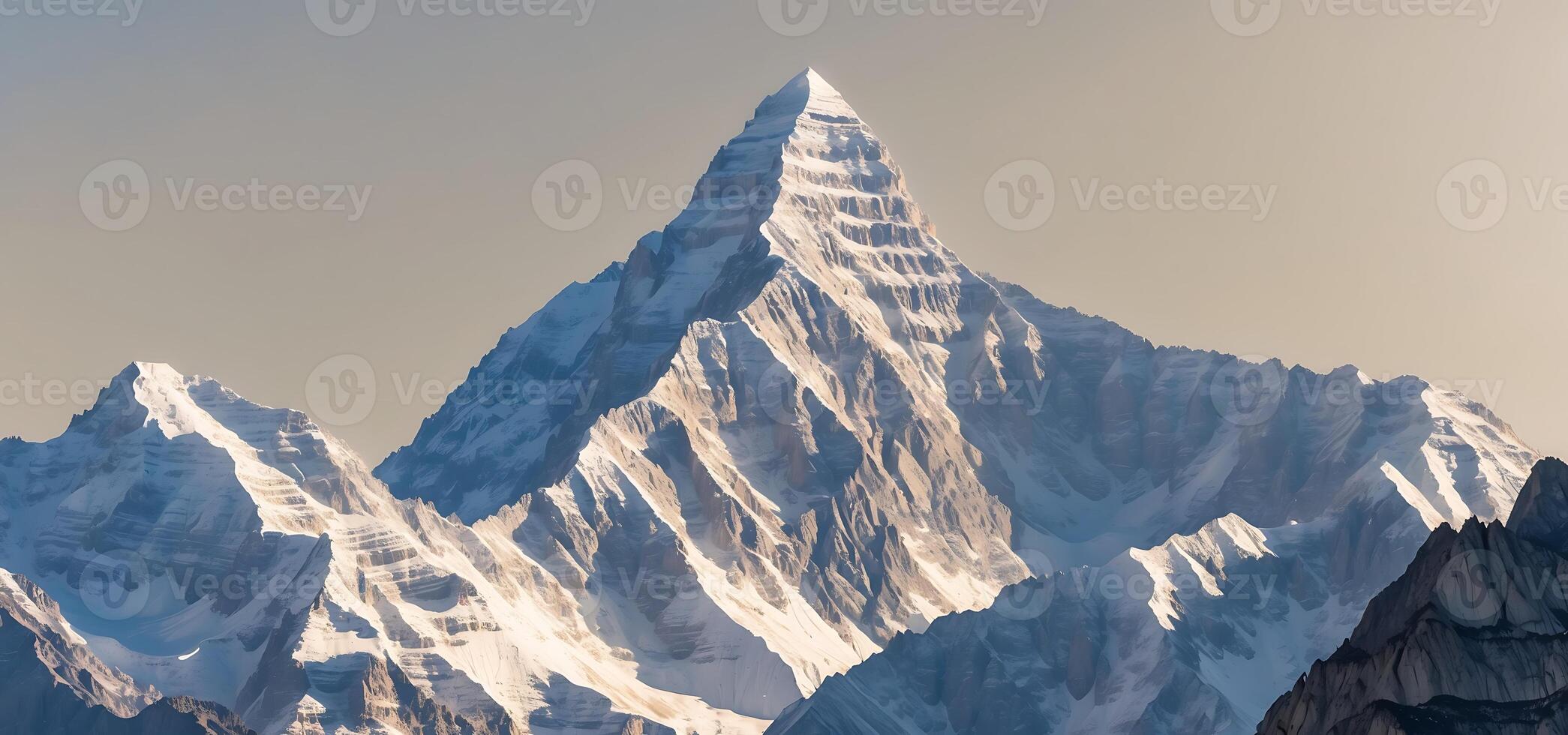 Majestic mountain peak illuminated by soft golden sunlight during late afternoon photo