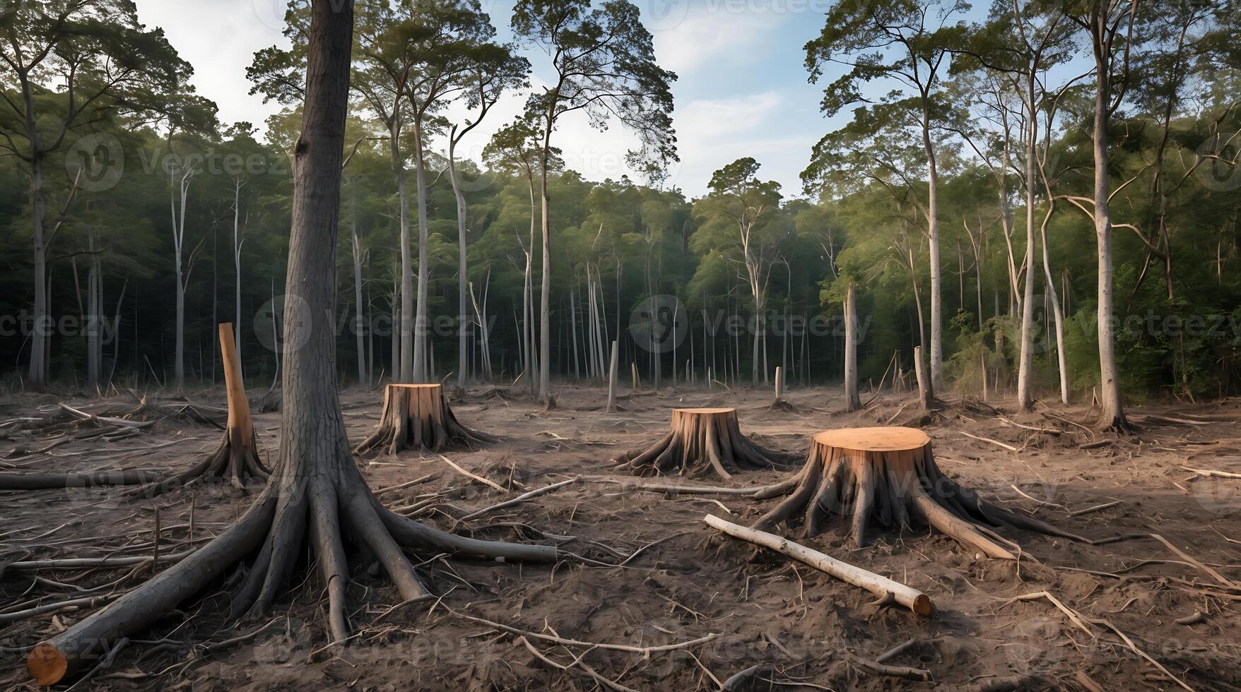 Tree stumps scattered across a deforested area highlight the impact of climate change photo