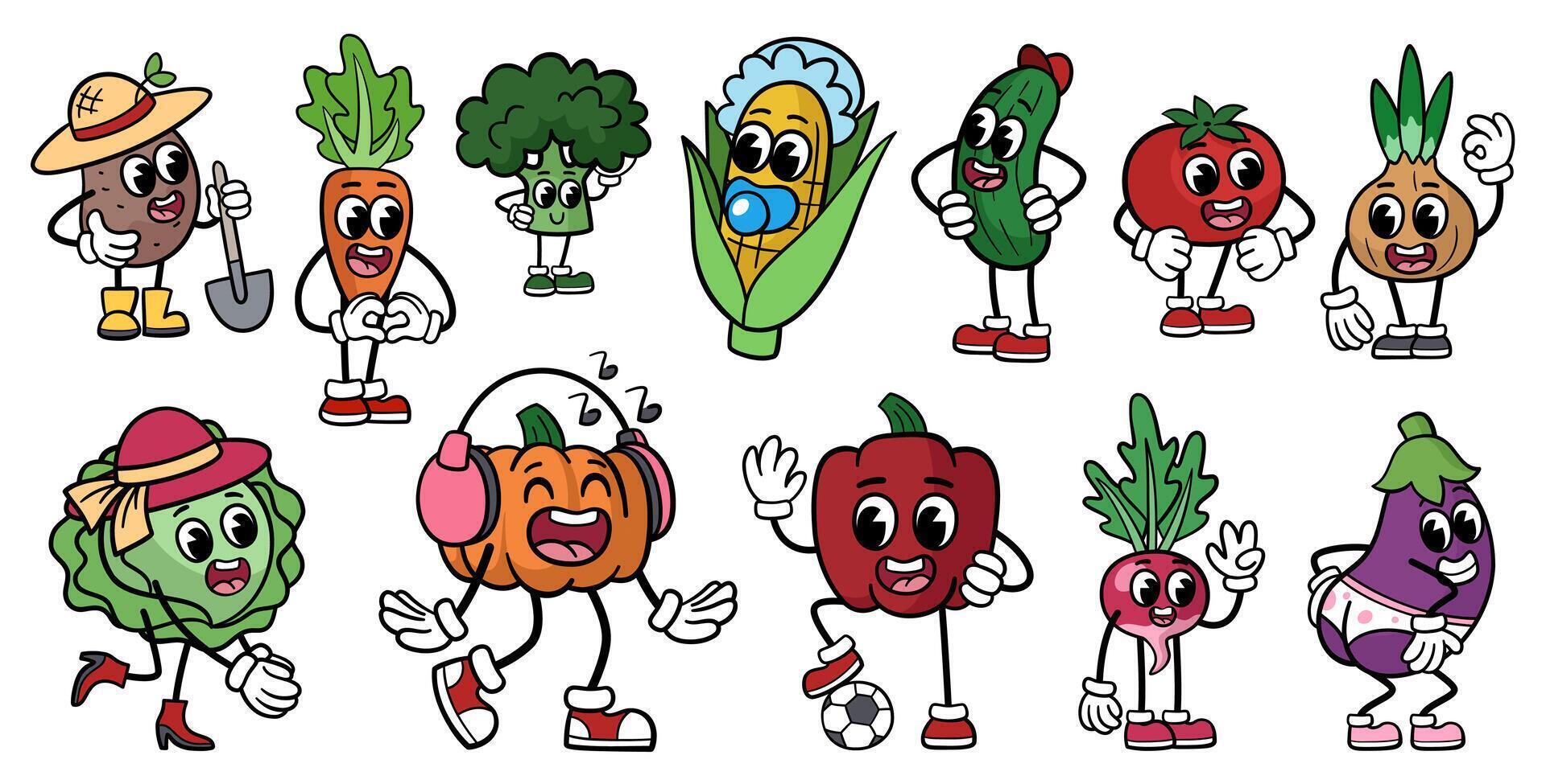 Groovy vegetables characters cartoon set. Funny retro characters, different poses and emotions. Perfect for stickers, fun and playful design. vector