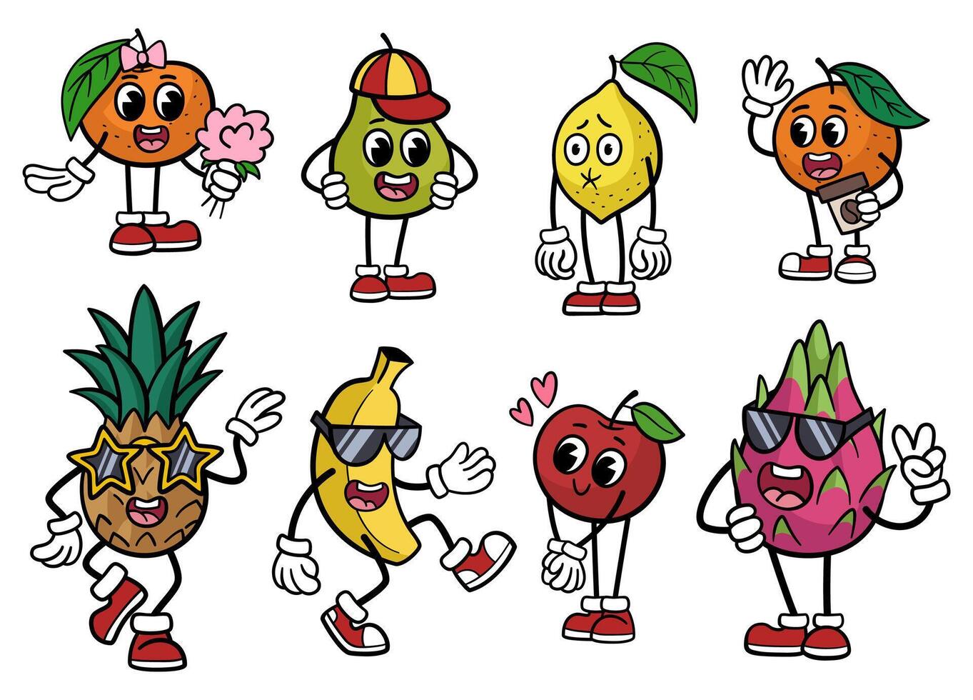 Groovy Fruits Characters Cartoon Set. Funny retro characters, different poses and emotions. Perfect for stickers, fun and playful design. vector