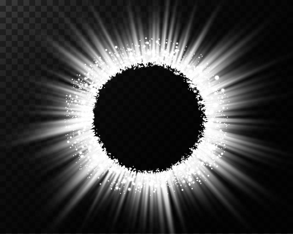 Experience the Stunning Eclipse Effect Featuring Radiant Light Rays Emphasizing a Dark Center in Space vector