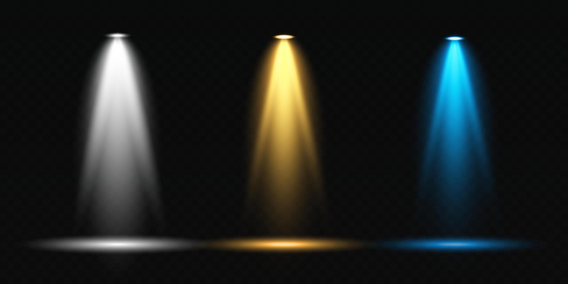 Three spotlight beams shine brightly against a dark background, creating a dramatic and artistic effect vector