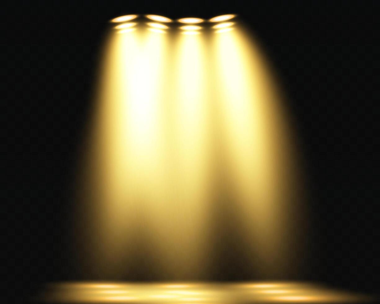 Three warm spotlights brilliantly illuminating a dark stage to create a captivating and dramatic atmosphere vector