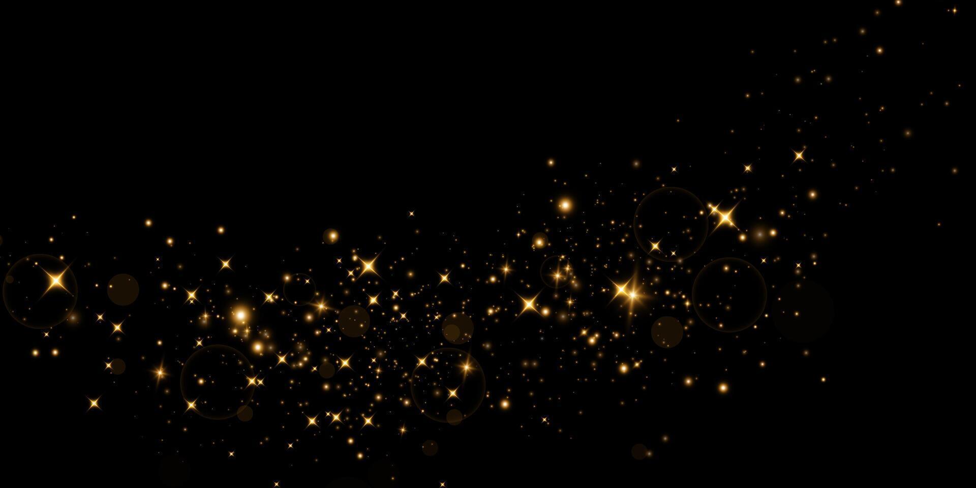 Golden Sparkles and Glittering Stars Dance on a Black Background, Creating a Dreamy, Enchanting Atmosphere vector
