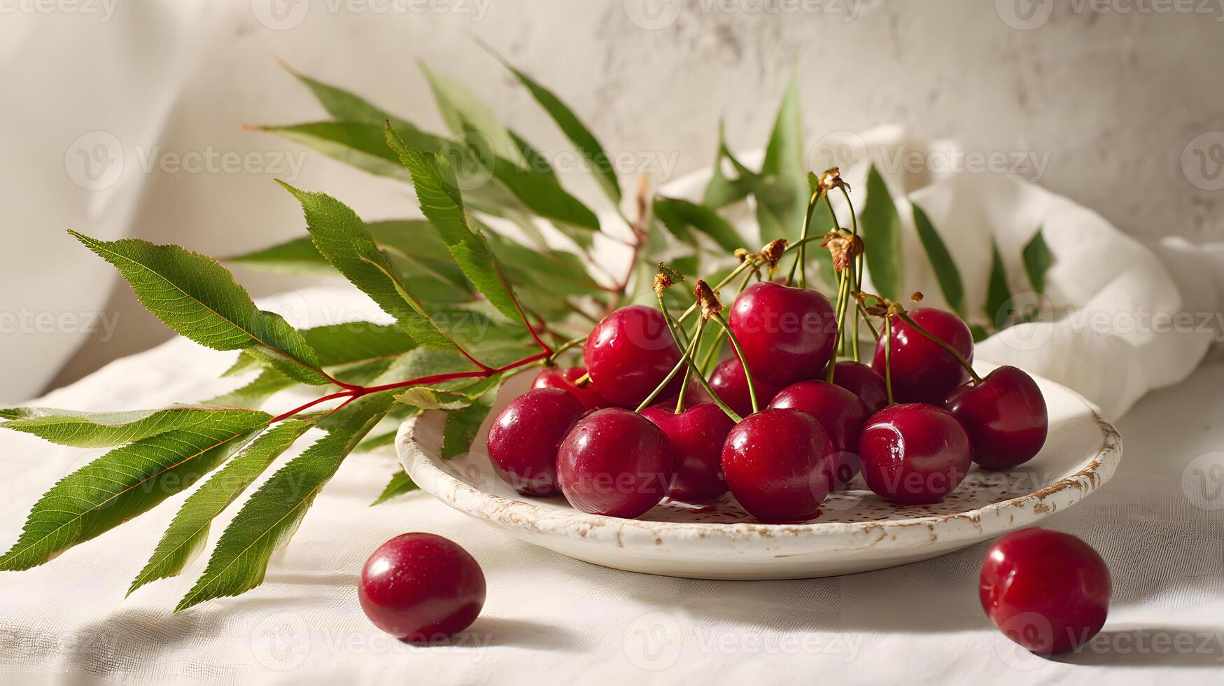 Delicious fresh cherries arranged artfully on a charming rustic white plate, creating a perfect summer snack. photo