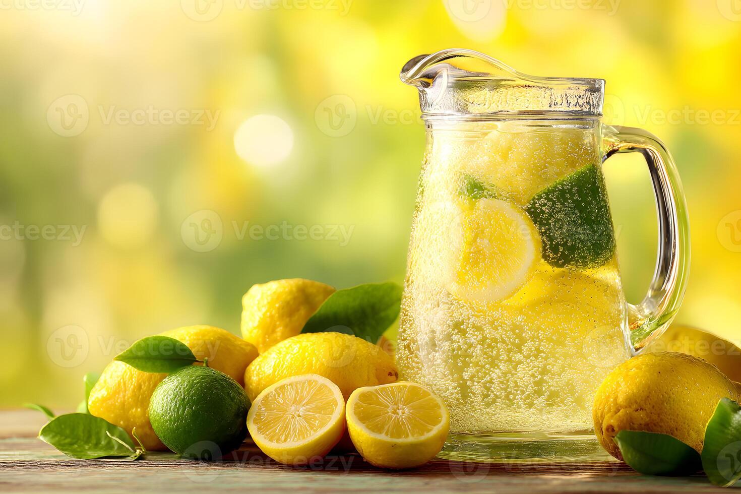 Bright lemonade pitcher filled with icy lemonade and surrounded by whole lemons and limes in sunny settings. photo