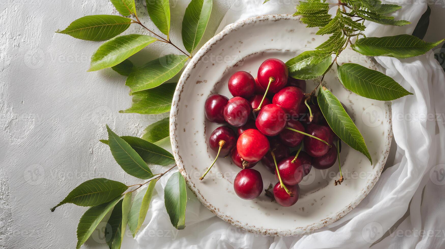 Fresh cherries beautifully arranged on a rustic white plate for an elegant yet charming display. photo
