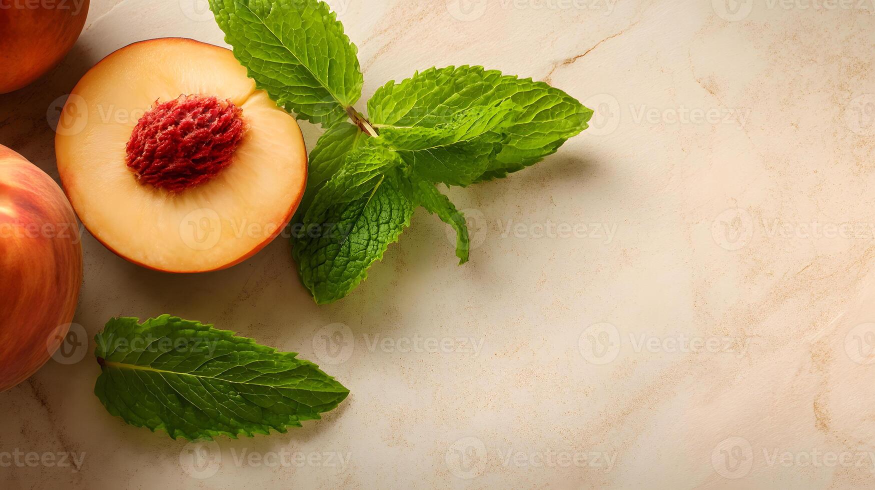 Half-sliced peach accompanied by bright mint leaves on a subtle light background. photo