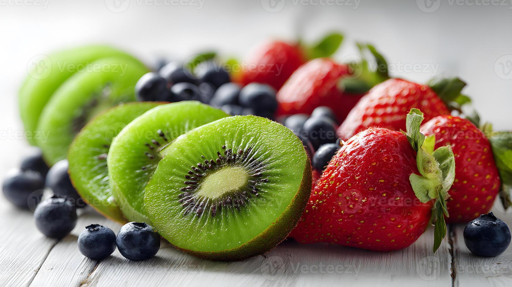 Freshly sliced green kiwis, juicy strawberries, and plump blueberries create a delightful fruit arrangement on a plate. photo