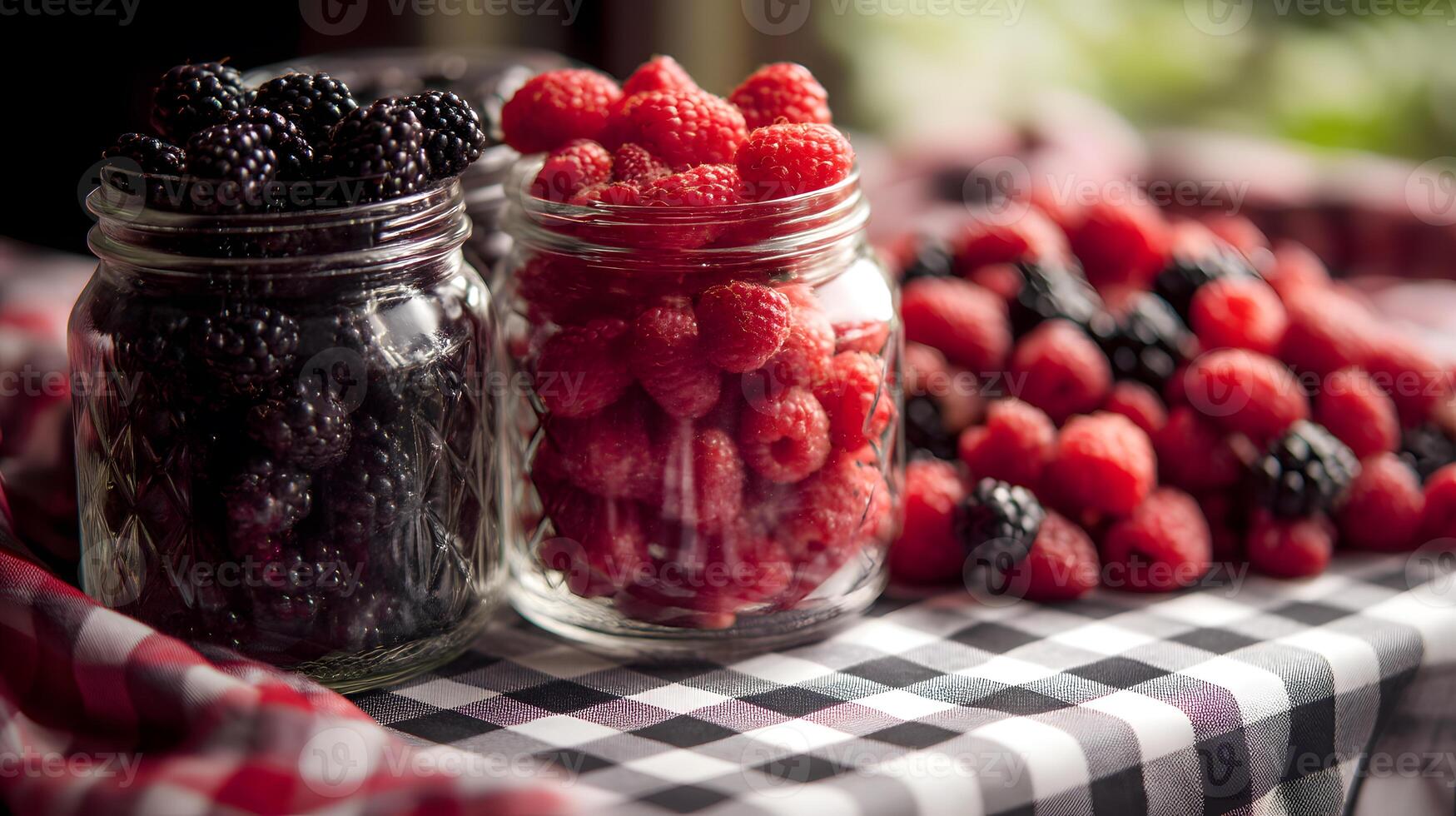 Colorful glass jars filled with freshly picked raspberries and blackberries showcasing nature's delights. photo