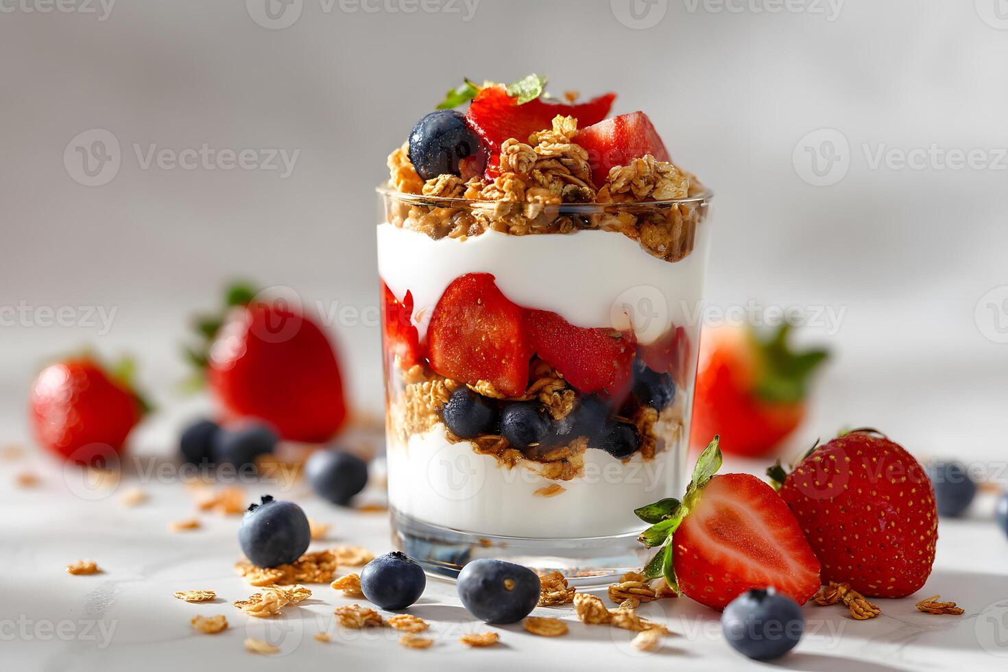 Charming parfait featuring luscious yogurt, crispy granola, and a mix of summer berries displayed on a bright countertop. photo