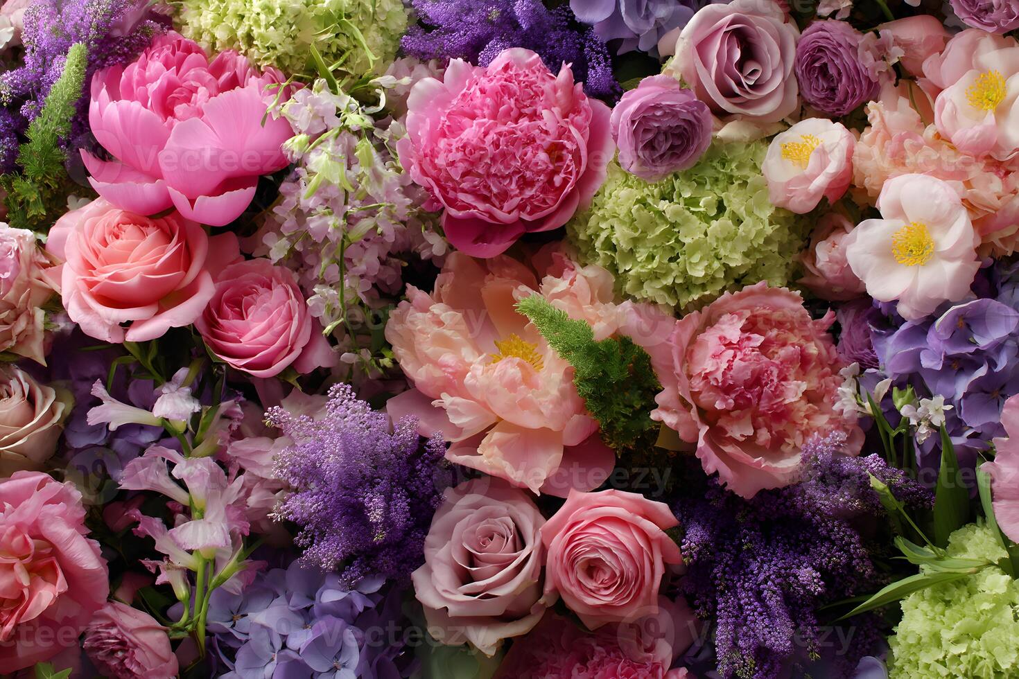 An exquisite arrangement of diverse flowers in shades of pink, lavender, and soft green foliage, creating a soothing ambiance for any space. photo
