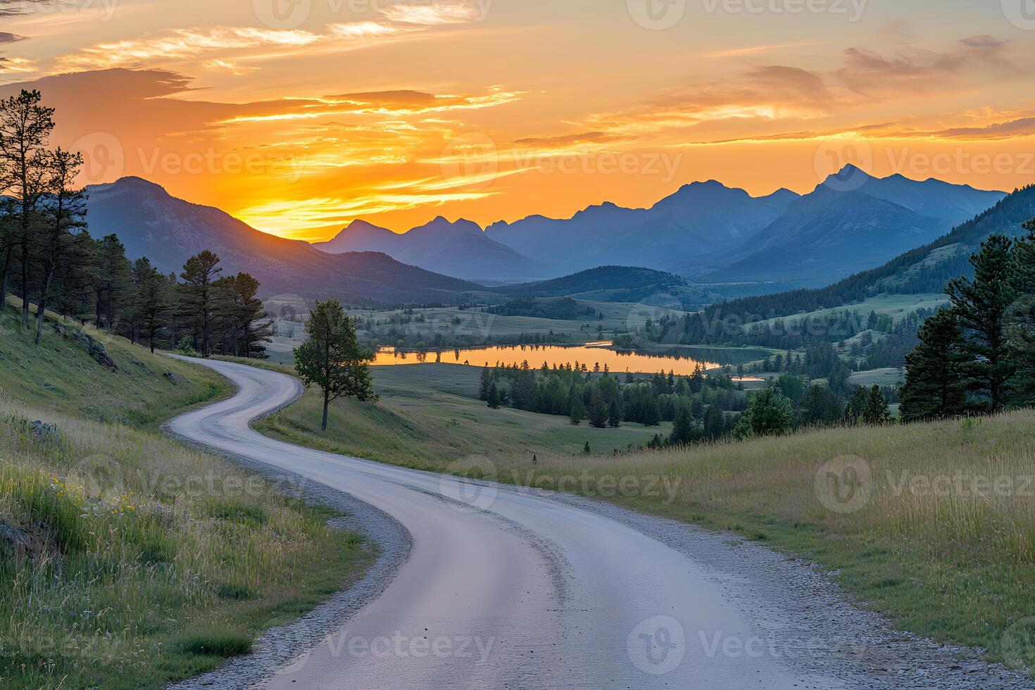 Endless road fading into the distance beneath a radiant and colorful sunset sky photo