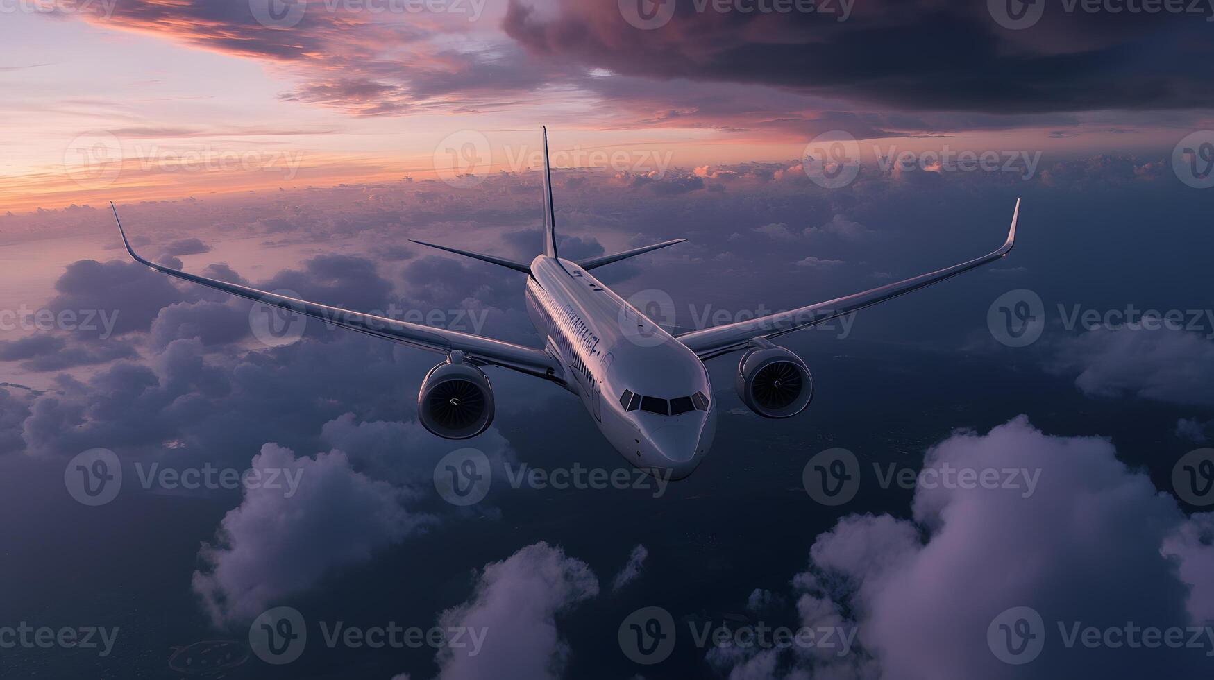 Passenger airplane soaring high above with a glowing sunset sky illuminating the background photo
