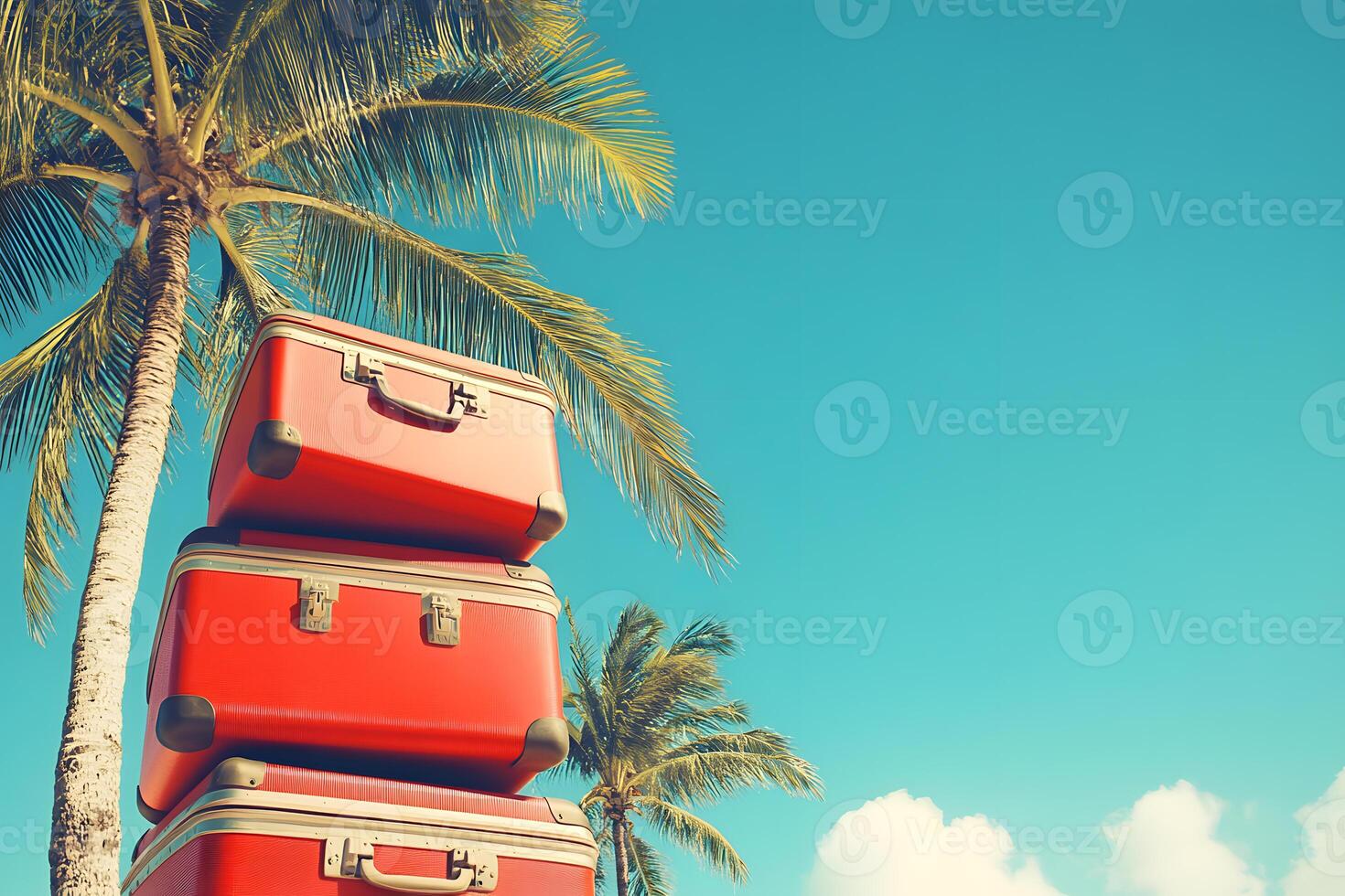 Vibrant red suitcases neatly stacked by tall palm trees beneath a bright clear blue sky photo