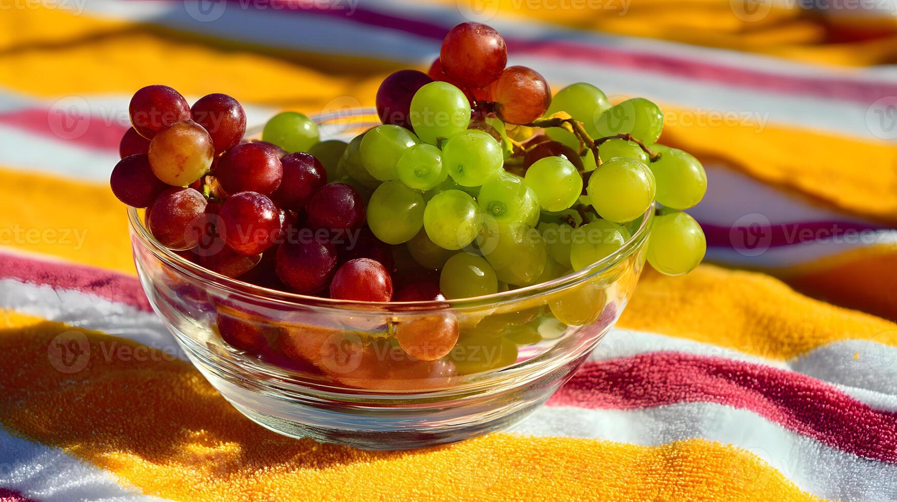 Glass bowl filled with fresh green and red grapes on a vibrant striped beach towel. photo