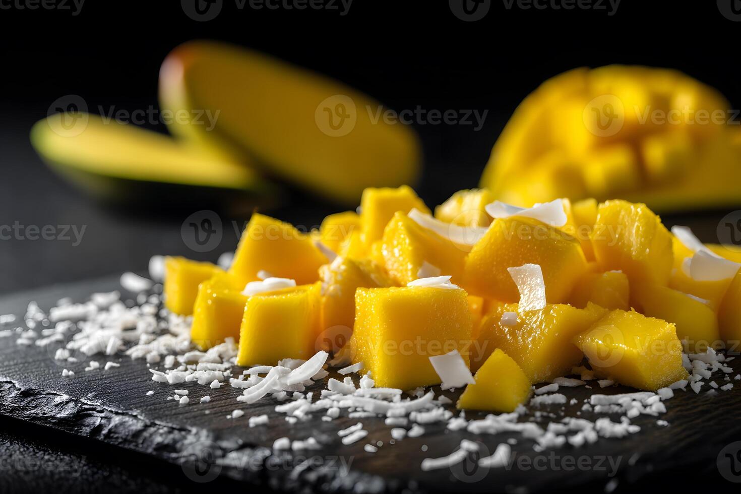 Sleek dark slate plate filled with diced mango and topped with luscious coconut shavings for a tropical treat. photo