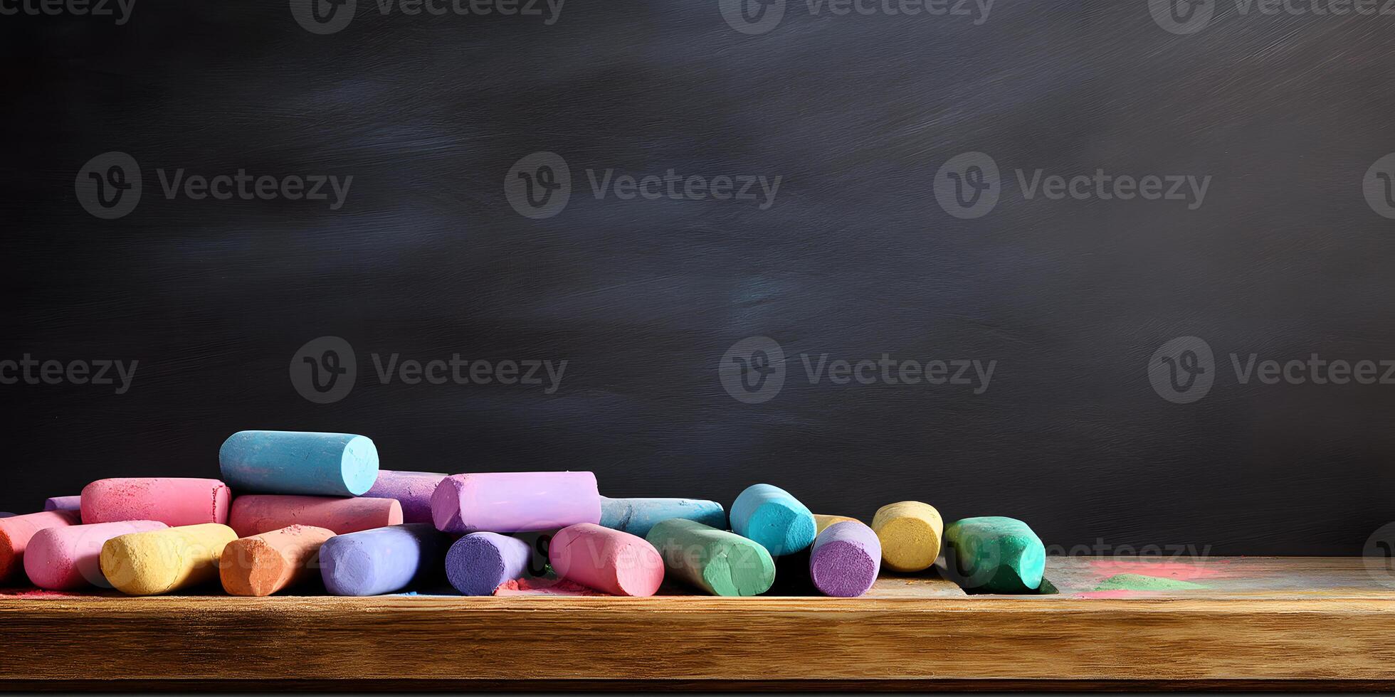 Neat black chalkboard displaying colorful chalk sticks lined up at the base for educational expression and creativity photo