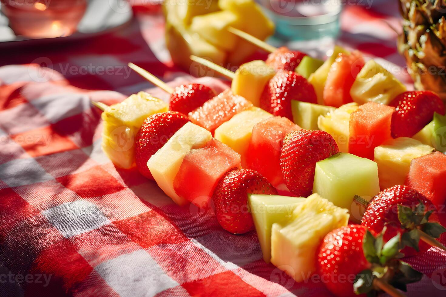 Colorful fruit skewers with juicy chunks of melon, strawberries, and pineapple elegantly arranged on a picnic blanket. photo