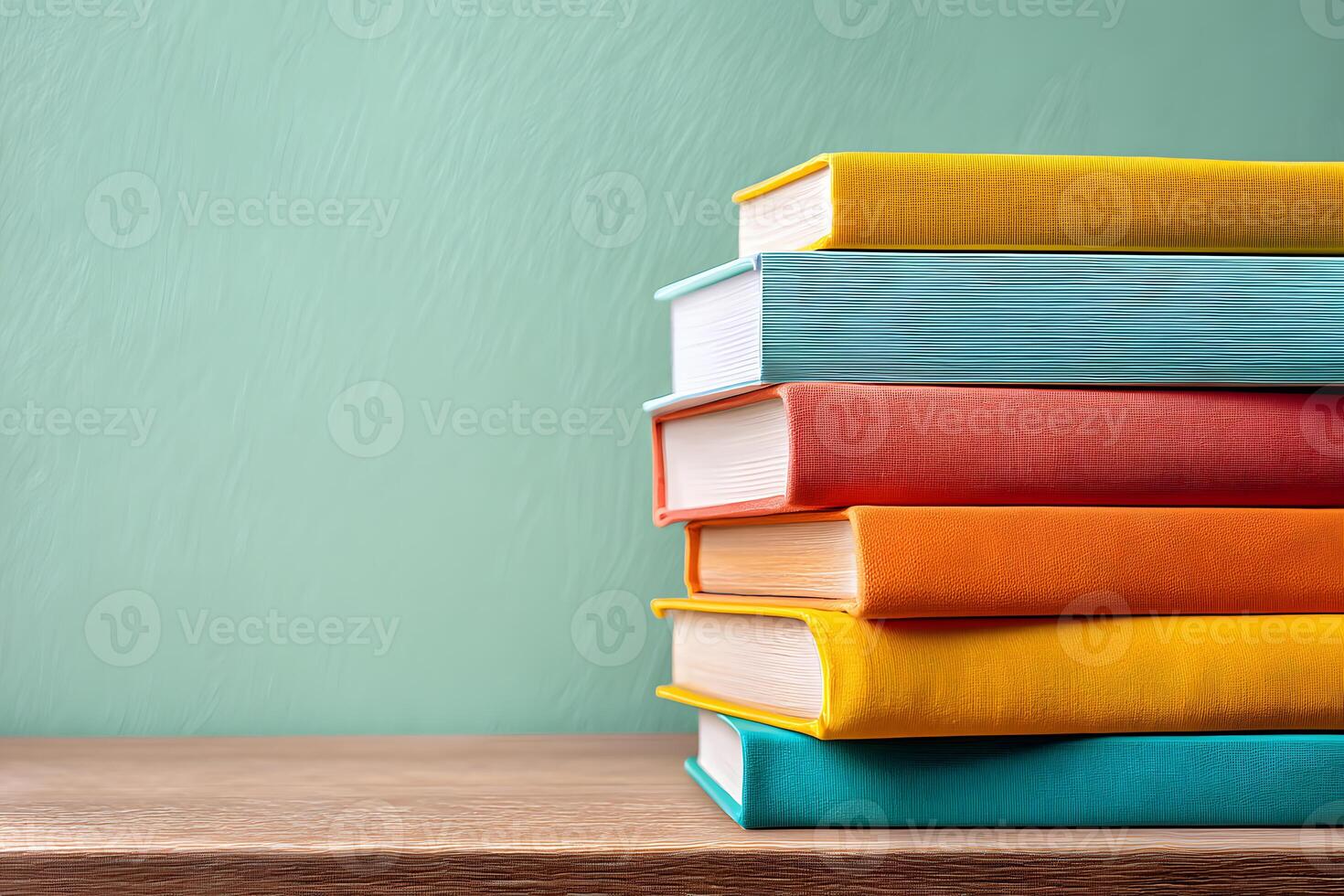 Brightly colored books stacked neatly on natural wood shelf in educational setting photo