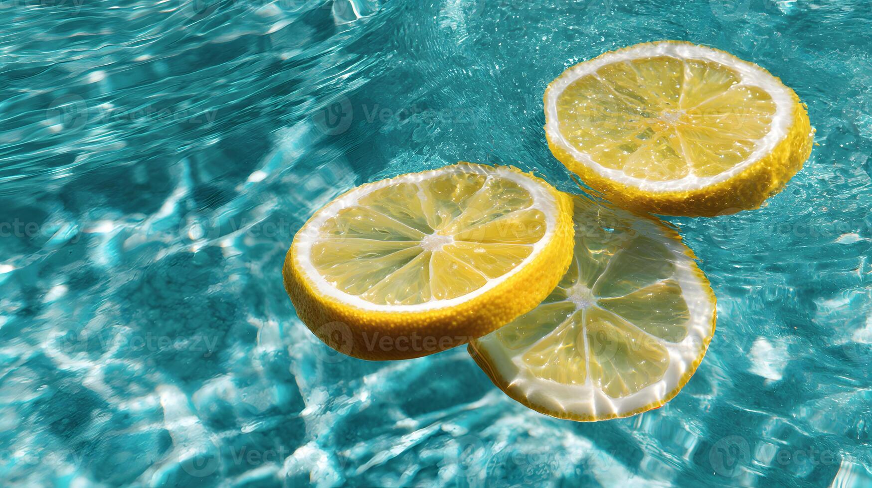 Citrusy lemon slices elegantly placed on the shimmering waters of a turquoise pool. photo