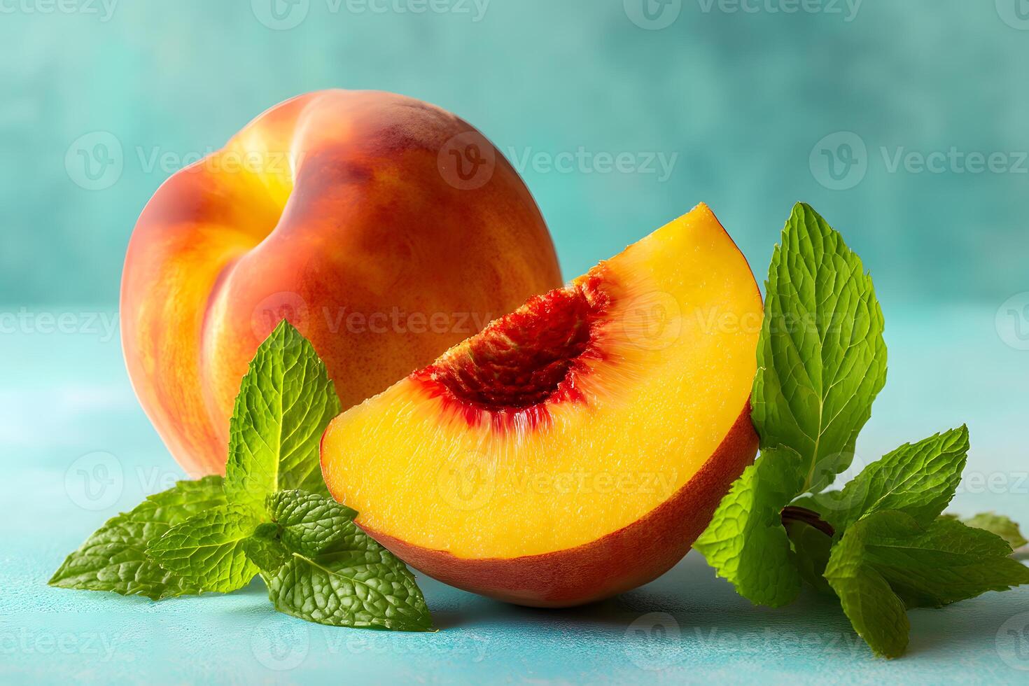 Fresh half-sliced peach with bright green mint leaves on a gentle light background. photo