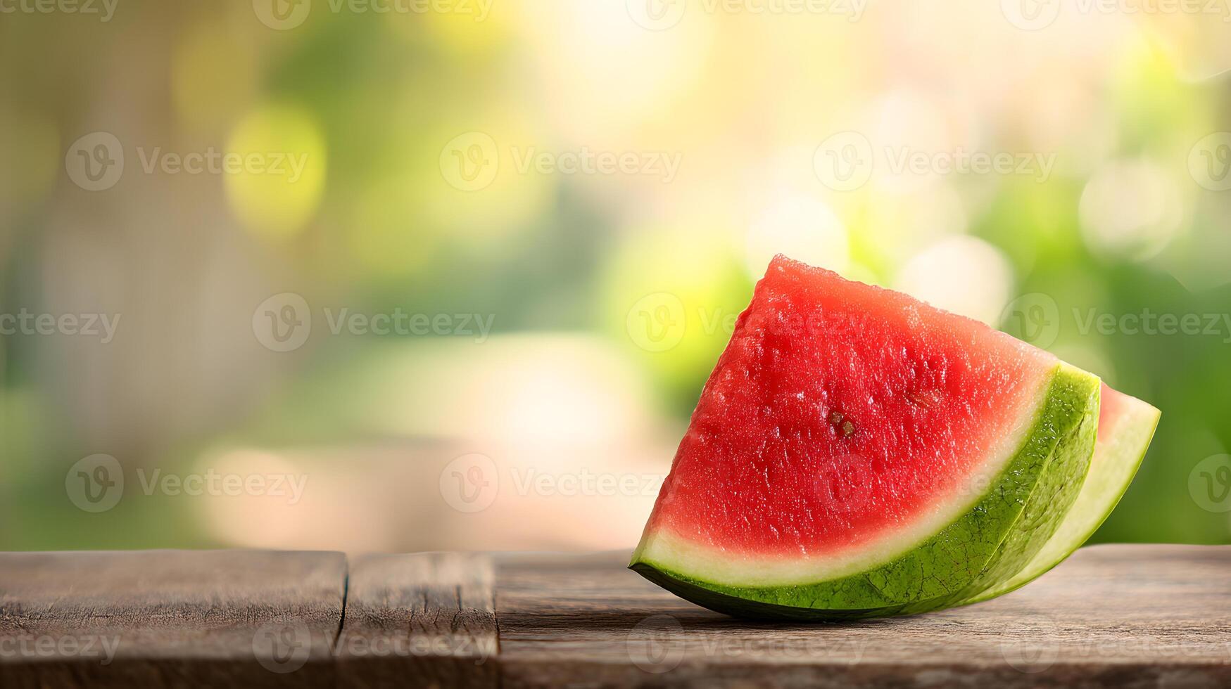 Juicy watermelon slice on an aged wooden table with a vibrant summer backdrop. photo