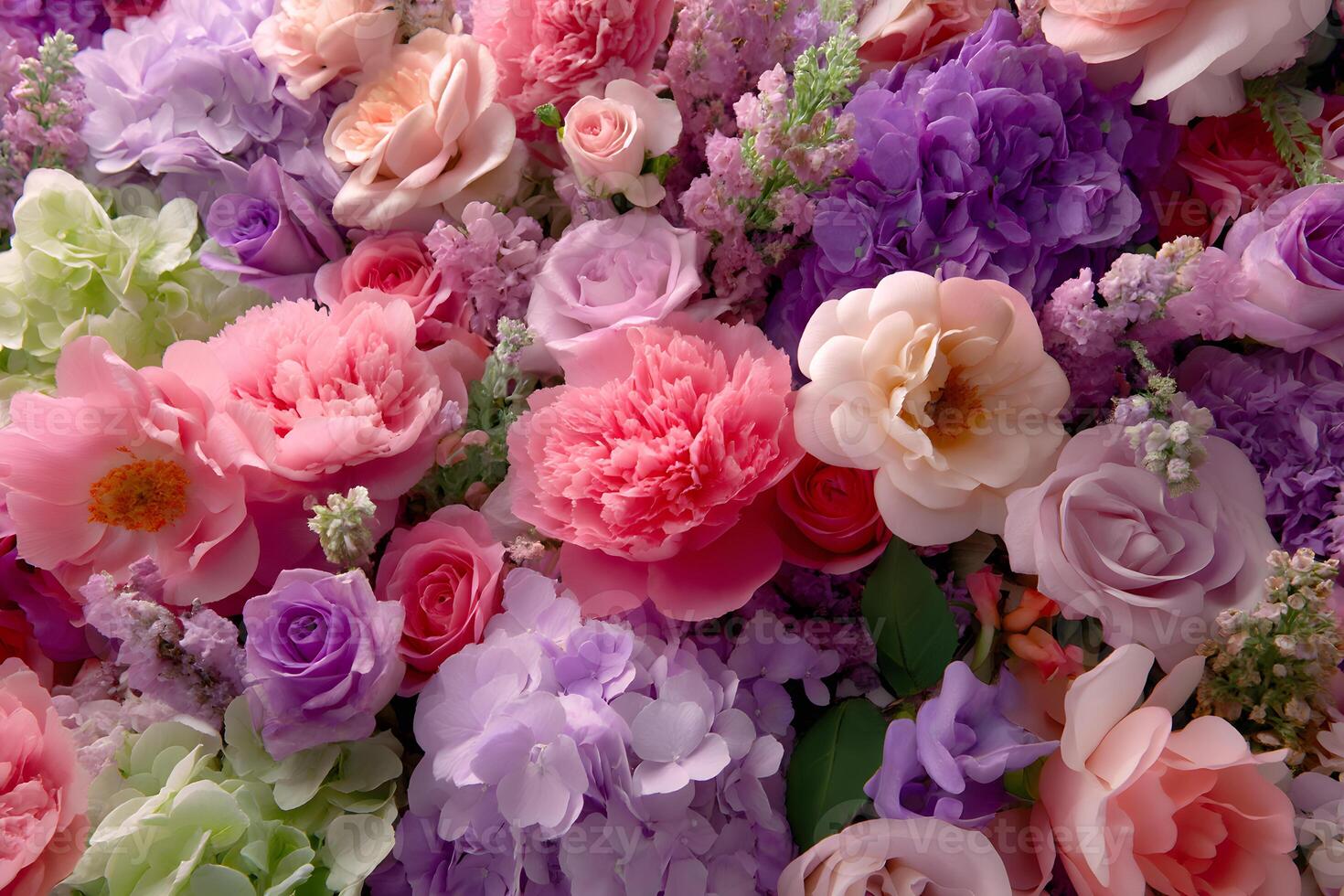 Stunning arrangement of various flowers showcasing soft shades of pink, lavender, and gentle green foliage for a fresh botanical display. photo