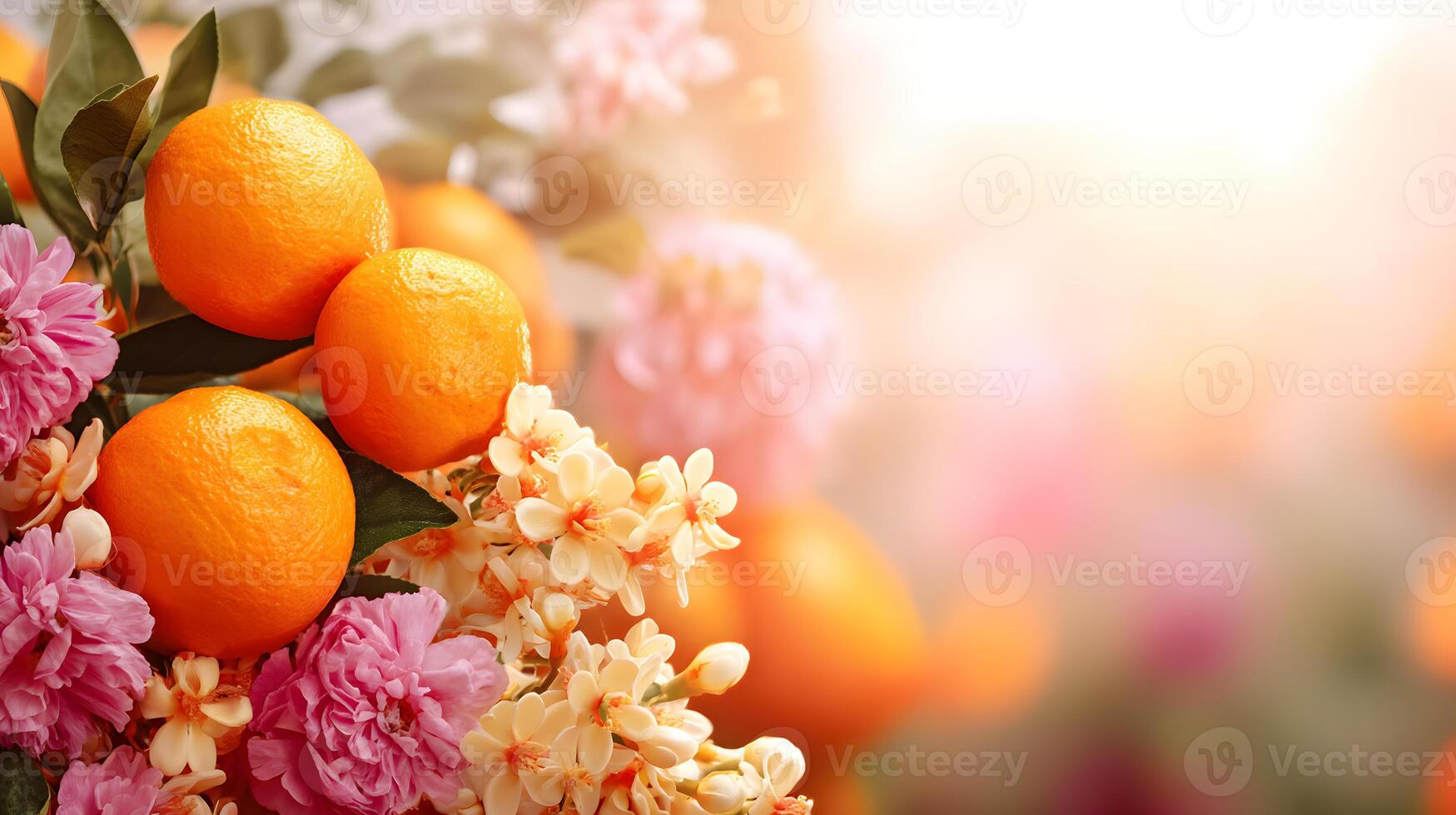 Fresh oranges surrounded by vibrant summer flowers against a bright light background. photo