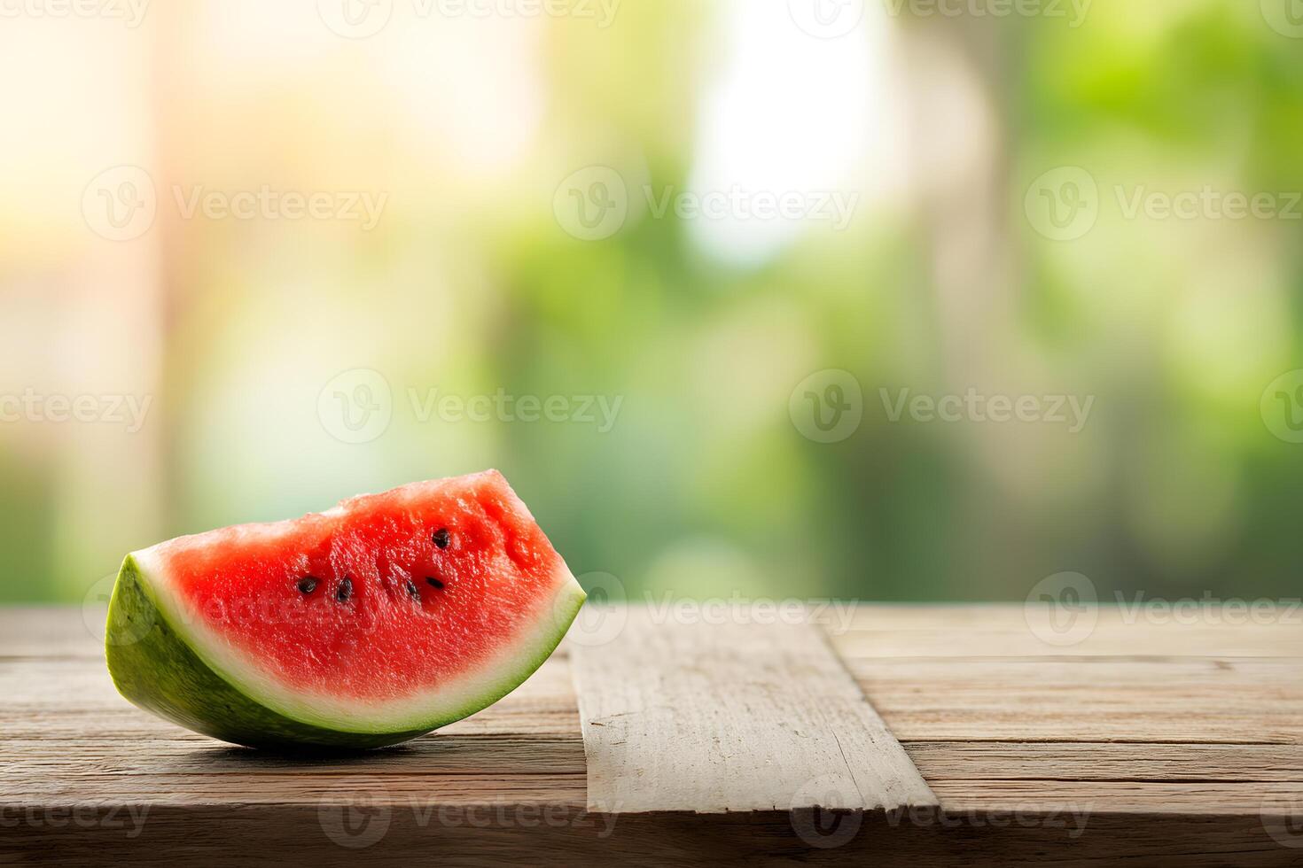 Juicy watermelon slice displayed on an aged wooden table with a lively summer backdrop. photo