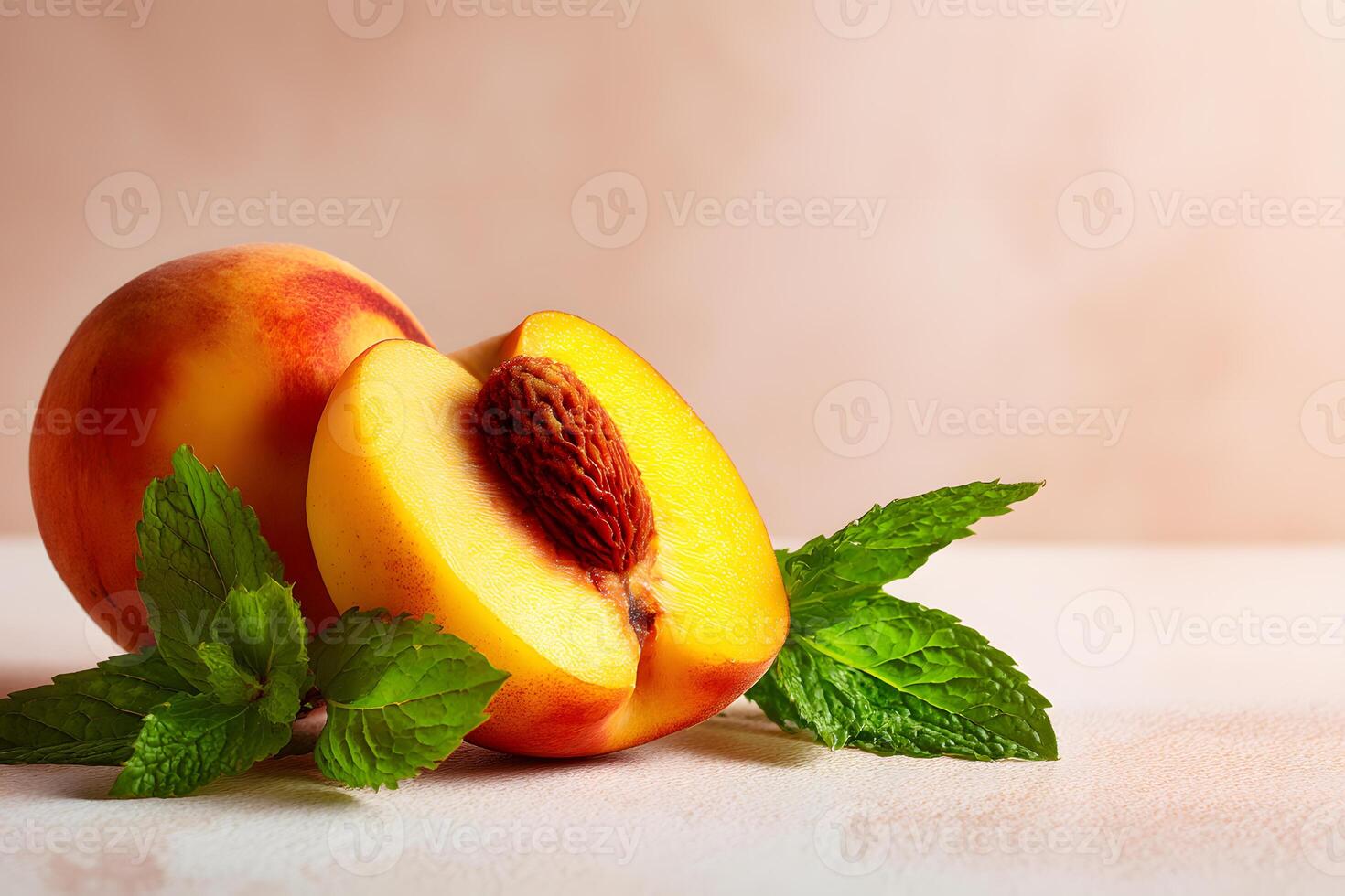 A half peach next to fresh mint leaves displayed against a soft light backdrop. photo