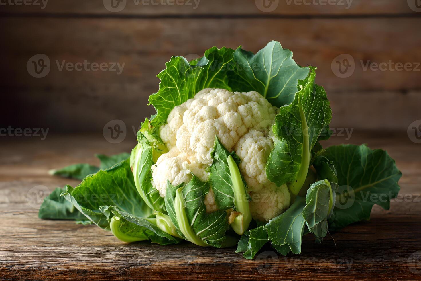 Detailed close-up of fresh cauliflower featuring intricate curds and vibrant green leaves on a rustic wooden background. photo