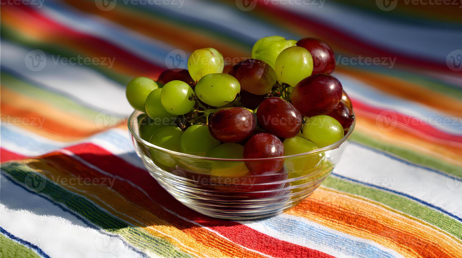 Luscious green and red grapes in a glass bowl on a colorful striped beach towel. photo